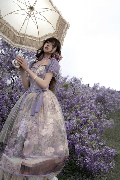 Cyan Lolita - Blooming Tree Shade - Elegant Lolita OP Oil Painting Print Bow Dress