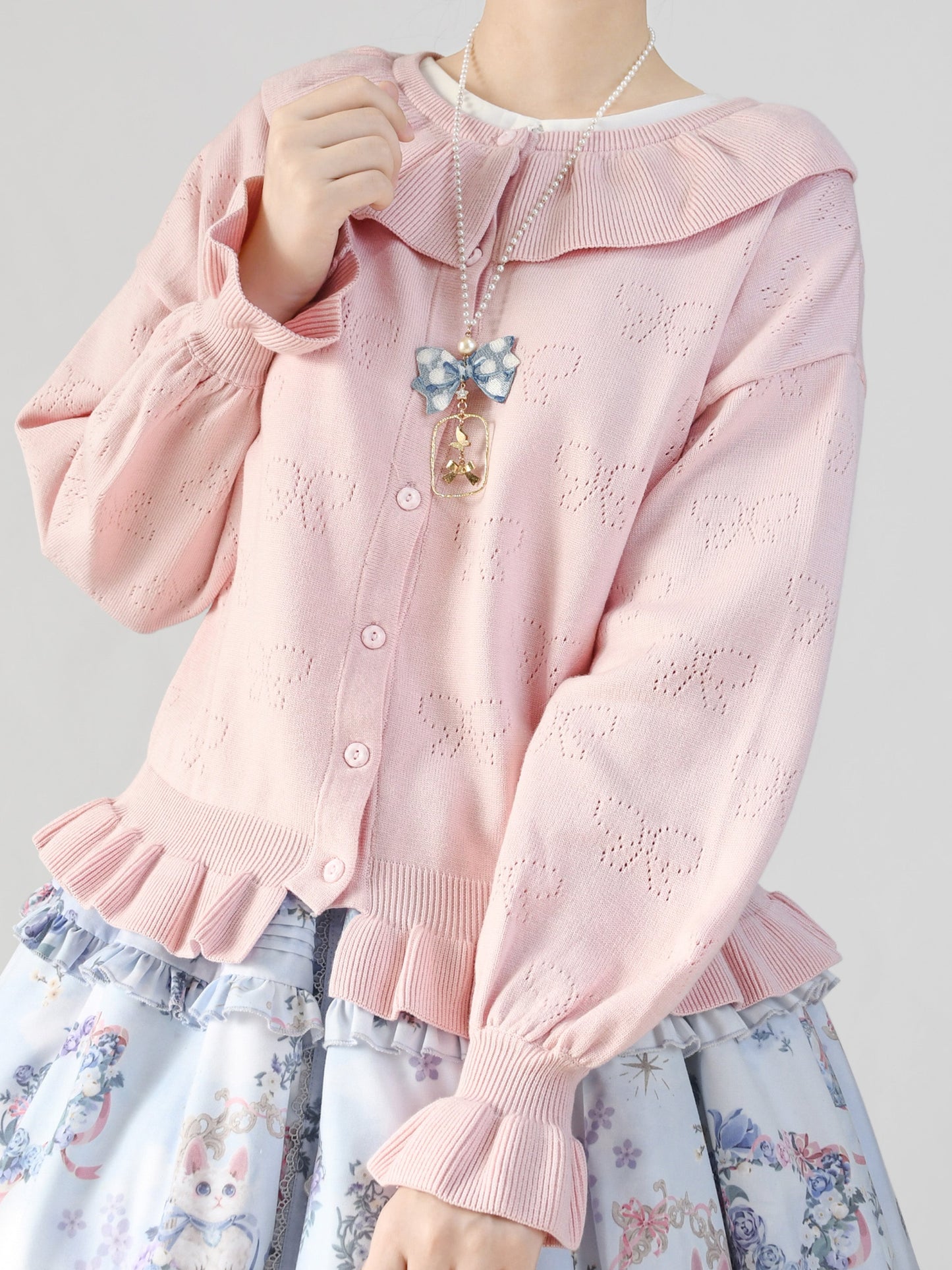 MIST - Vintage Lolita Bow Hollowed-out Sweater Ruffled Cardigan