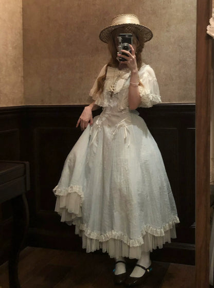 Kuma - Little Wind Chime - Elegant Lolita OP Water Blue Dress With Decorative Tulle Cape