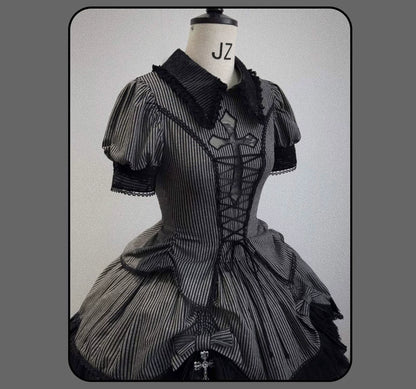 Susin Lolita - Striped Cross - Gothic Coordinated Lolita Set, Adjustable Blouse & Skirt