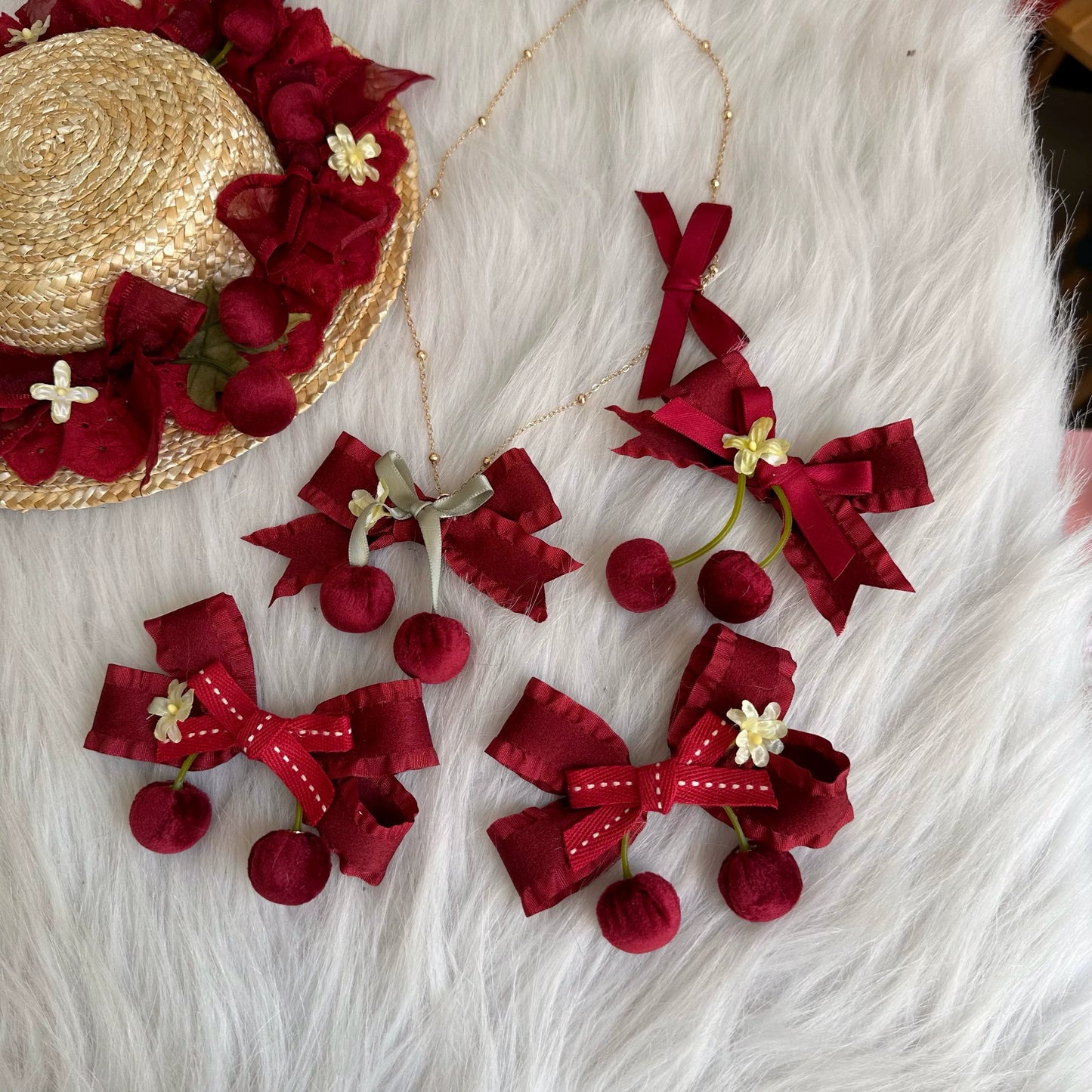 Chestnut Lolita - Sweet Lolita Headdress Cherry Hair Clip Straw Hat Necklace Handmade Set