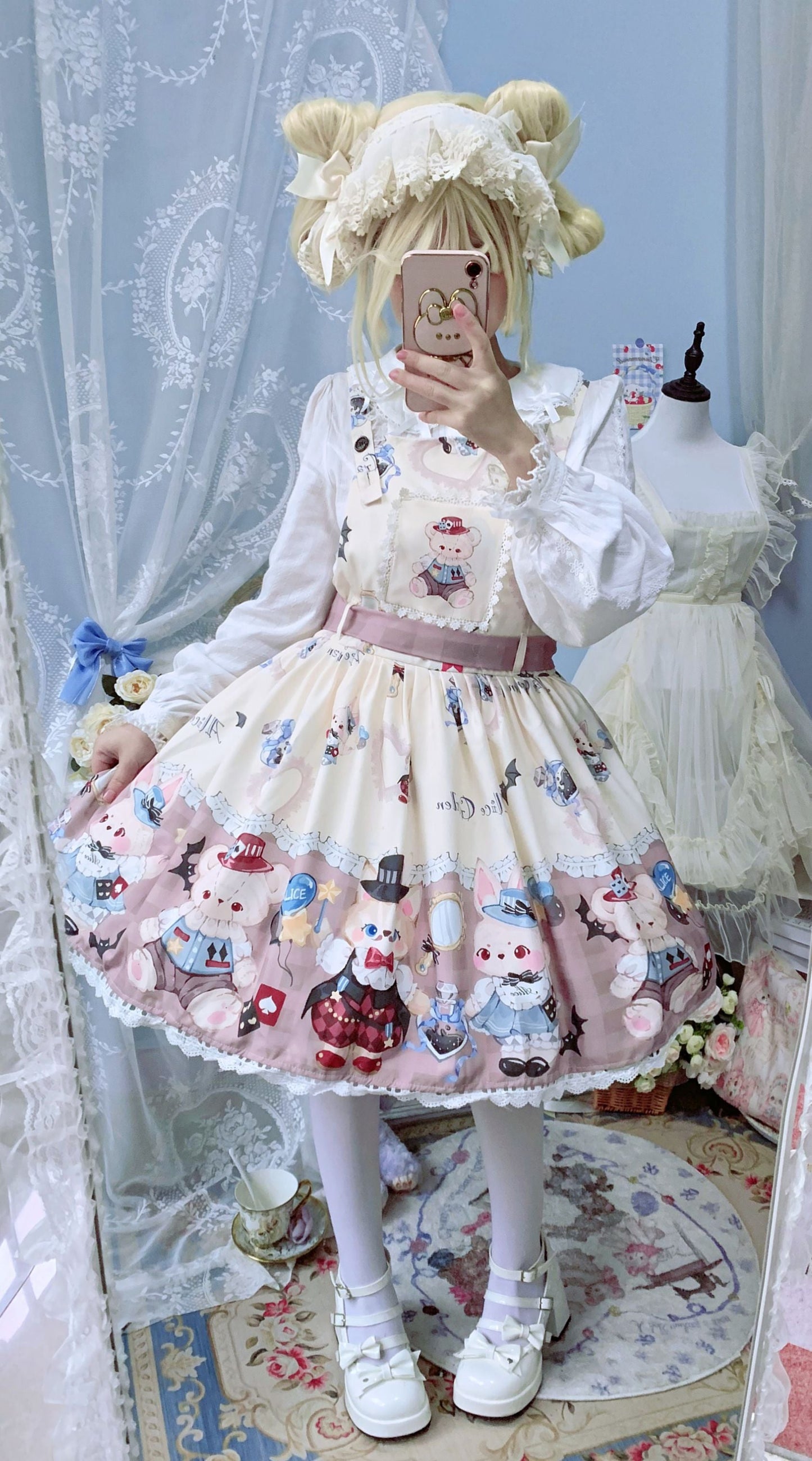 Night Never Sleeps - Bunny Meow Bear - Kawaii Lolita Salopette Bear Print Dress