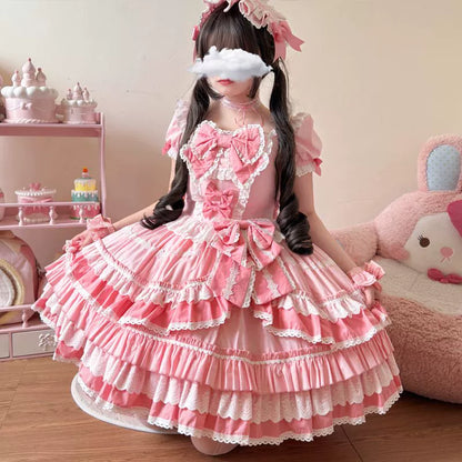 Hanguliang - Showa Flower Butterfly - Pink Sweet Lolita OP Dress With Bows & Lace Trim