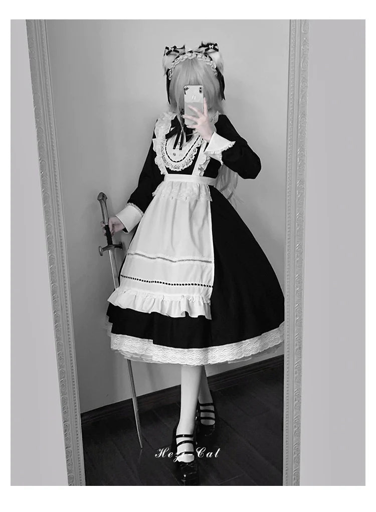 Hezi's Cat Haven - Black Cat Butler - Maid Lolita OP Dress Elegant Black and White Dress