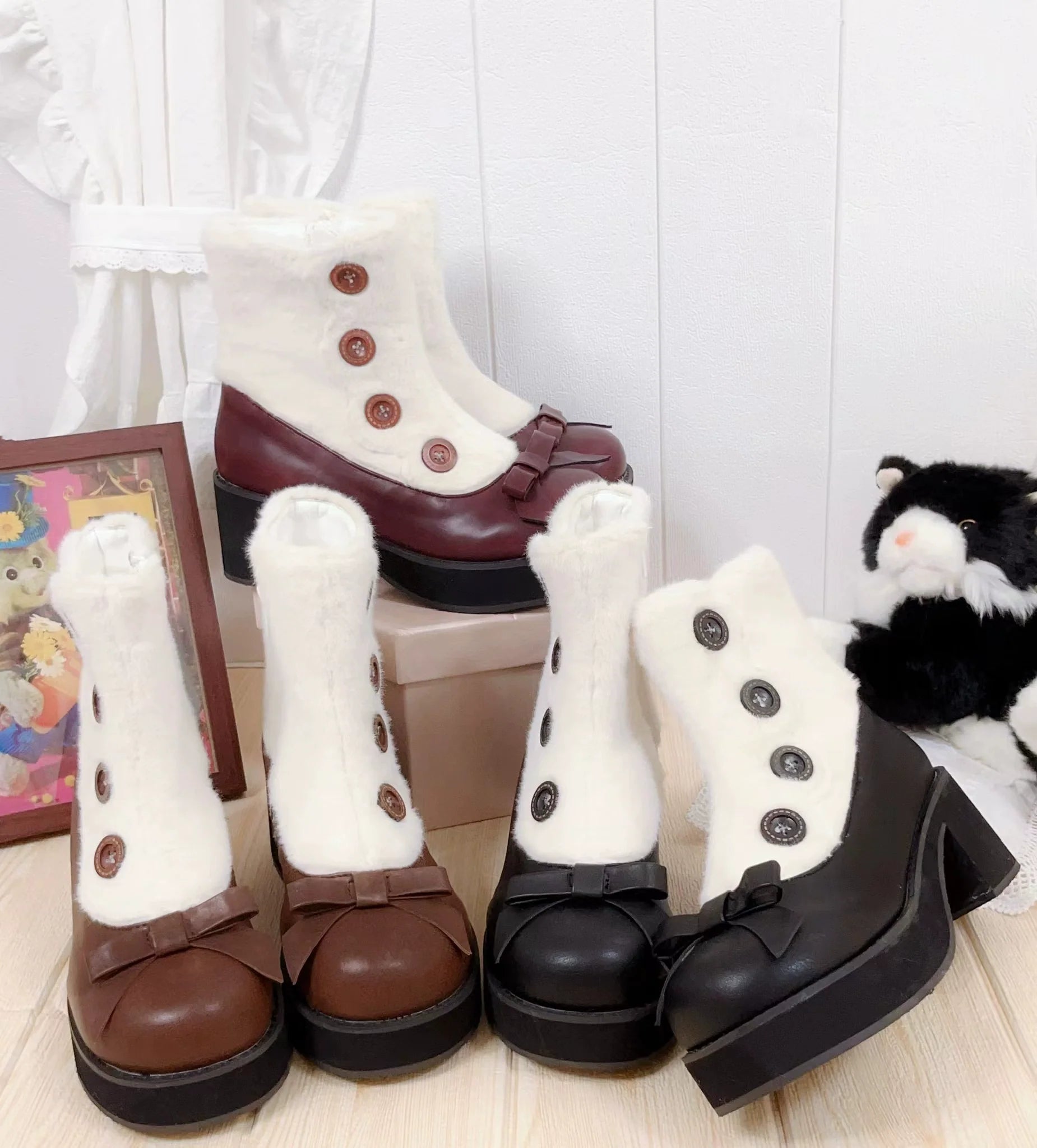 Dolly Doll - Winter Lolita Boots Fur Mary Jane Lolita Low Heel Shoes