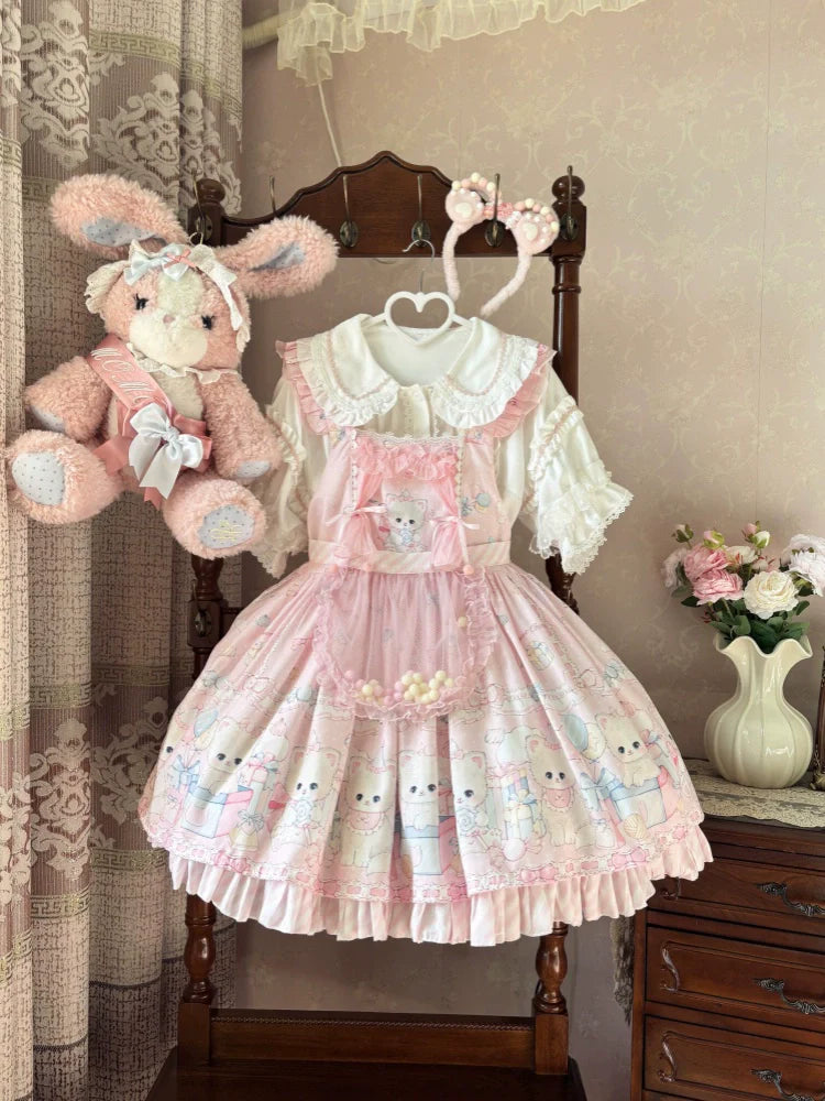 Suiyi - Meow Pompom - Sweet Lolita Salopette Dress Suit, Cat Print