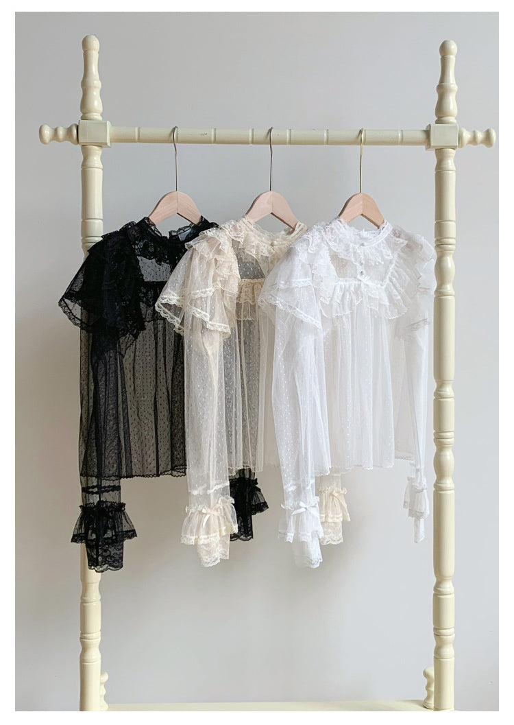 With PUJI - Letters and Poems - Summer Classic Lolita Shirt with Dotted Tulle and Long Sleeve