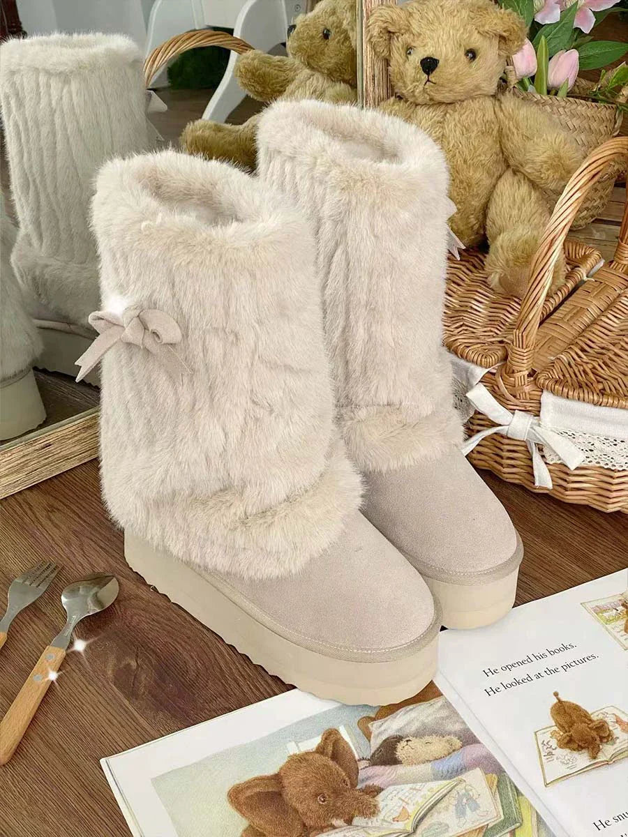 Pure Tea For Dream - Winter Love Song - Winter Lolita Mid-Calf Boots Plush Snow Boots Thick Sole