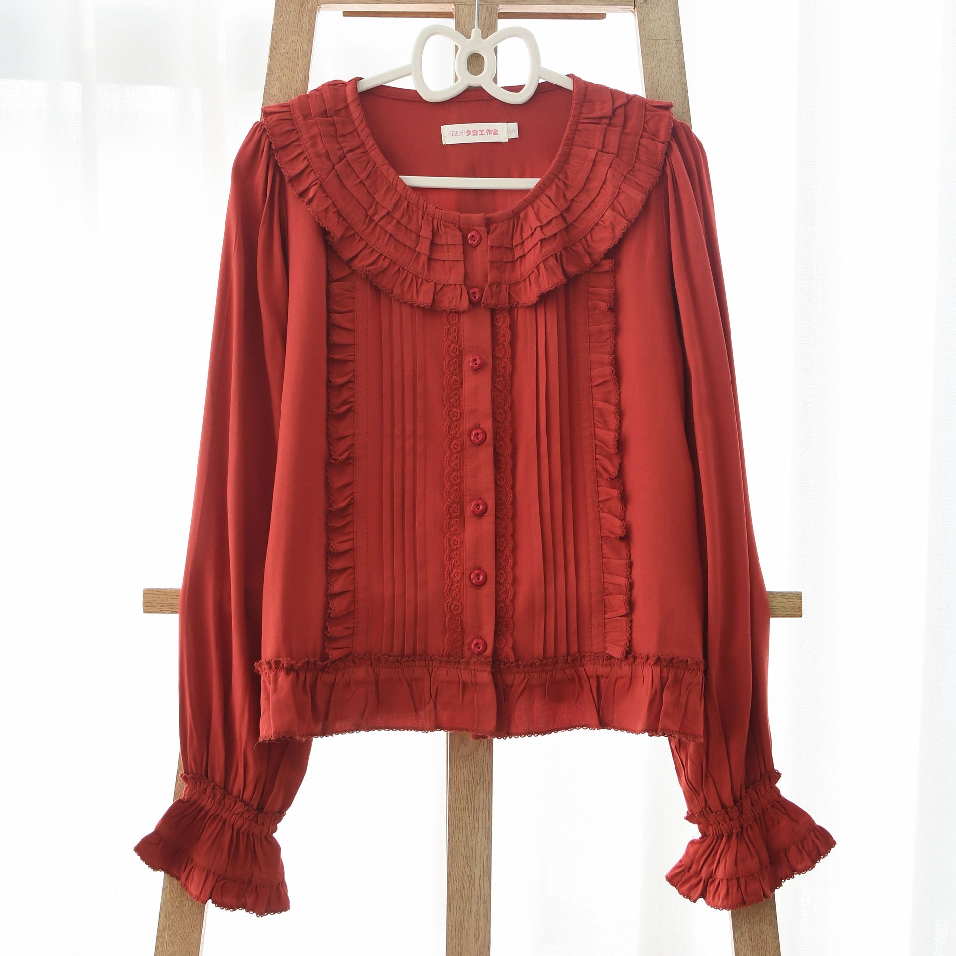 MIST - Wine Drunk Rose - Sweet Cotton Lolita Blouse with Ruffles and Pleats