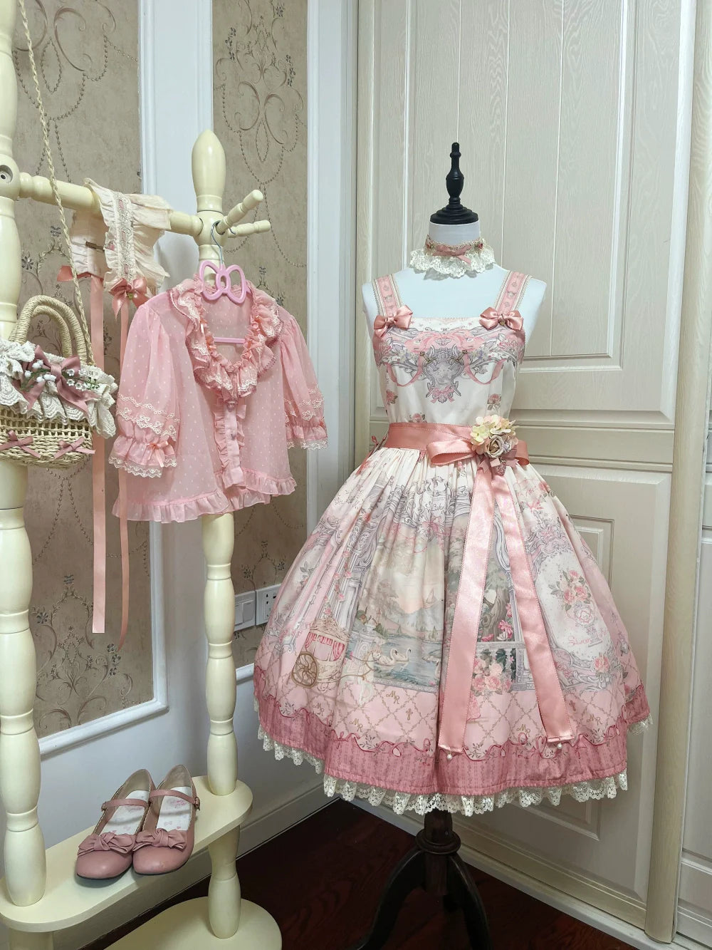 Moon River - Swan Lake Mirror - Pink Sweet Lolita Print JSK Dress