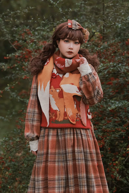 Miss Point - Chubby Fox in the Forest - Kawaii Lolita Accessories Knitted Fox Scarf Embroidered Faux Collar