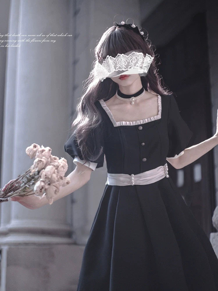 HuTaoMuJK - Thoughts - Vintage Lolita OP Dress Square Neckline Black Lolita Dress