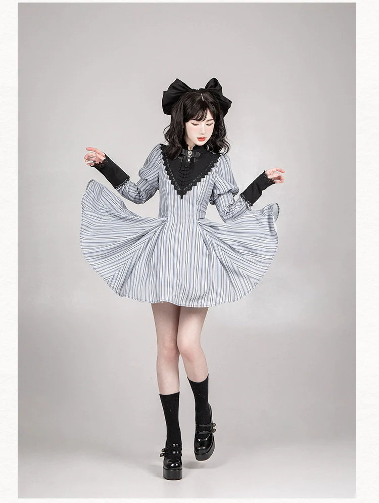 With PUJI - Nocturne SP - Striped Gothic Lolita OP Twin Lolita Dress with Apron