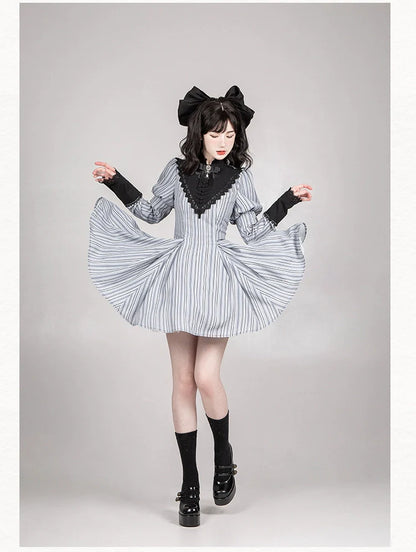 With PUJI - Nocturne SP - Striped Gothic Lolita OP Twin Lolita Dress with Apron
