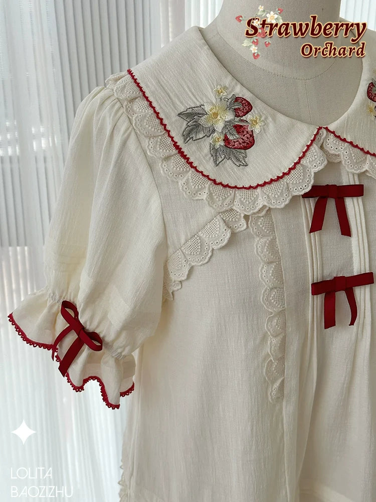 Piggy Bun - Sweet Lolita Shirt Strawberry Embroidery Ivory Blouse