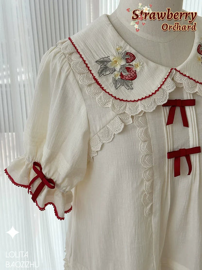 Piggy Bun - Sweet Lolita Shirt Strawberry Embroidery Ivory Blouse