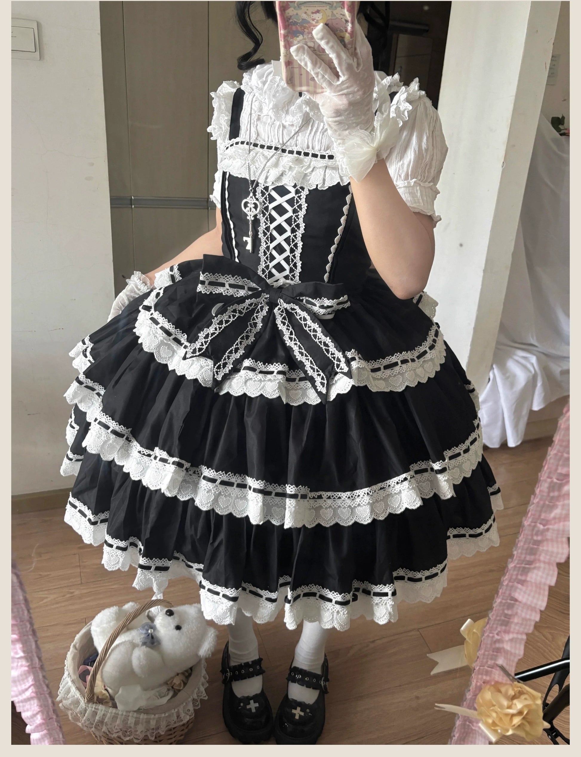 TaTaTa Lolita - Otome Heart - Cotton Old School Lolita JSK Dress Suit, Heart-Shaped Lace Trim