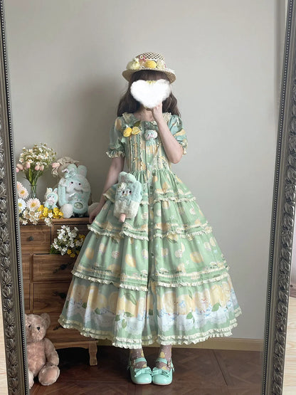 Miss Point - Lemon Chick - Country Lolita Printed OP With Button Front