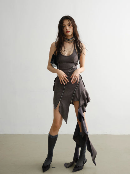 Irregular Zipper Decorated Ruffled Suspender Dress