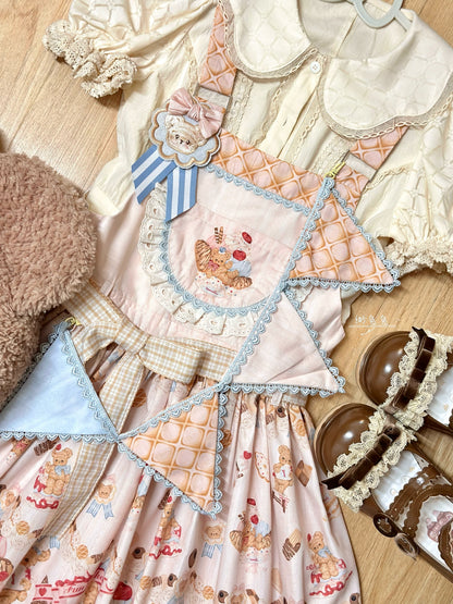 White Tea Story - Little Bear Bonny - Kawaii Lolita Salopette, Bear & Dessert Print