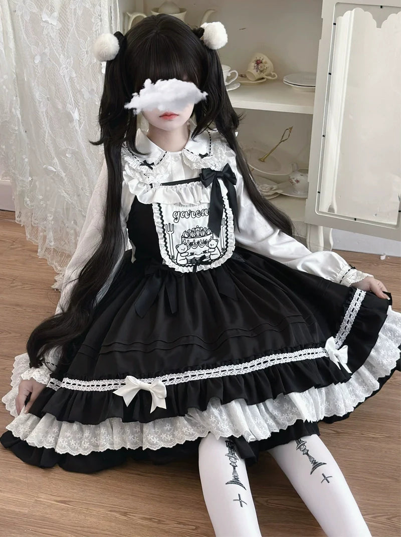Hanguliang - Sweet Bear - Kawaii Lolita JSK Dress Embroidery Flounce Hem