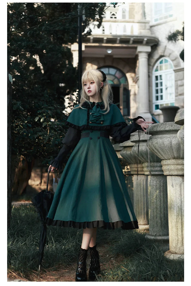 With PUJI - College of Potions - Elegantt Lolita OP Dress Black and Green Dress with Cape