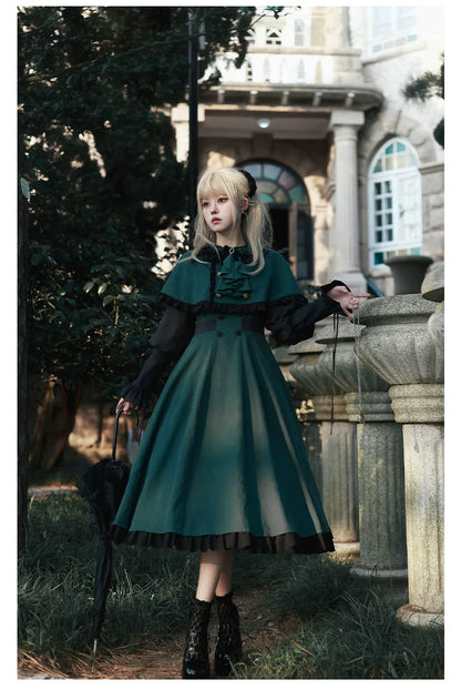 With PUJI - College of Potions - Elegantt Lolita OP Dress Black and Green Dress with Cape