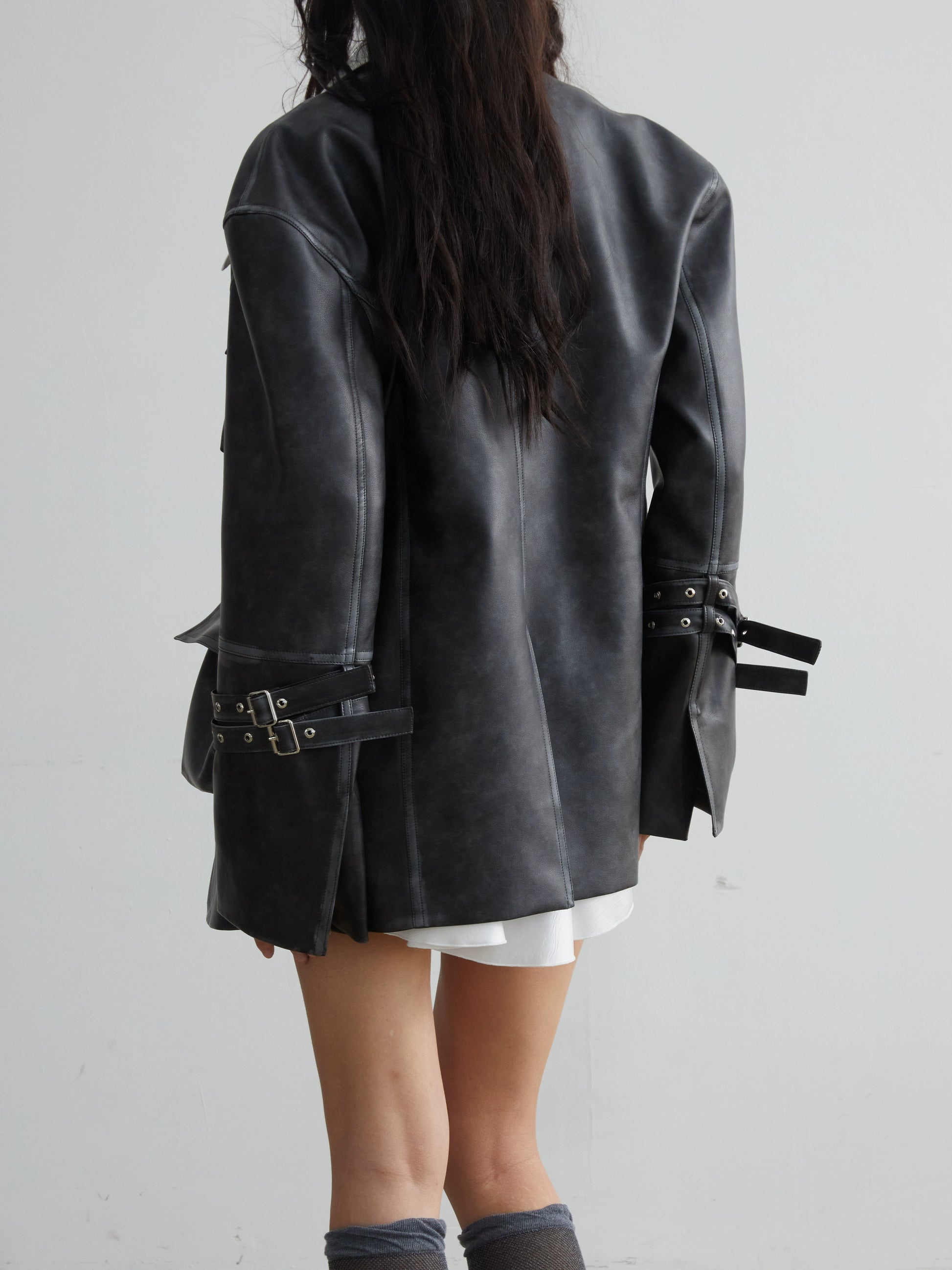 Retro PU Leather Three-dimensional Pocket No-Collar Jacket