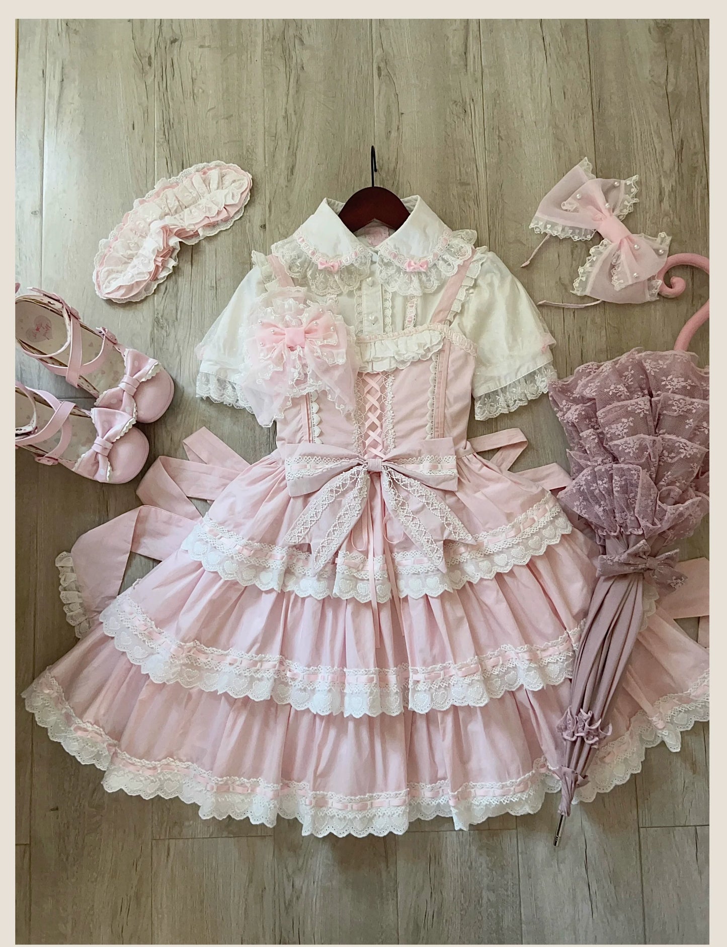 TaTaTa Lolita - Otome Heart - Cotton Old School Lolita JSK Dress Suit, Heart-Shaped Lace Trim