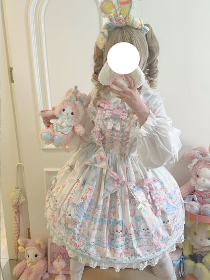 Hanguliang - Sweet Tea Party - Kawaii Lolita JSK Puppy Printed Dress with Sash