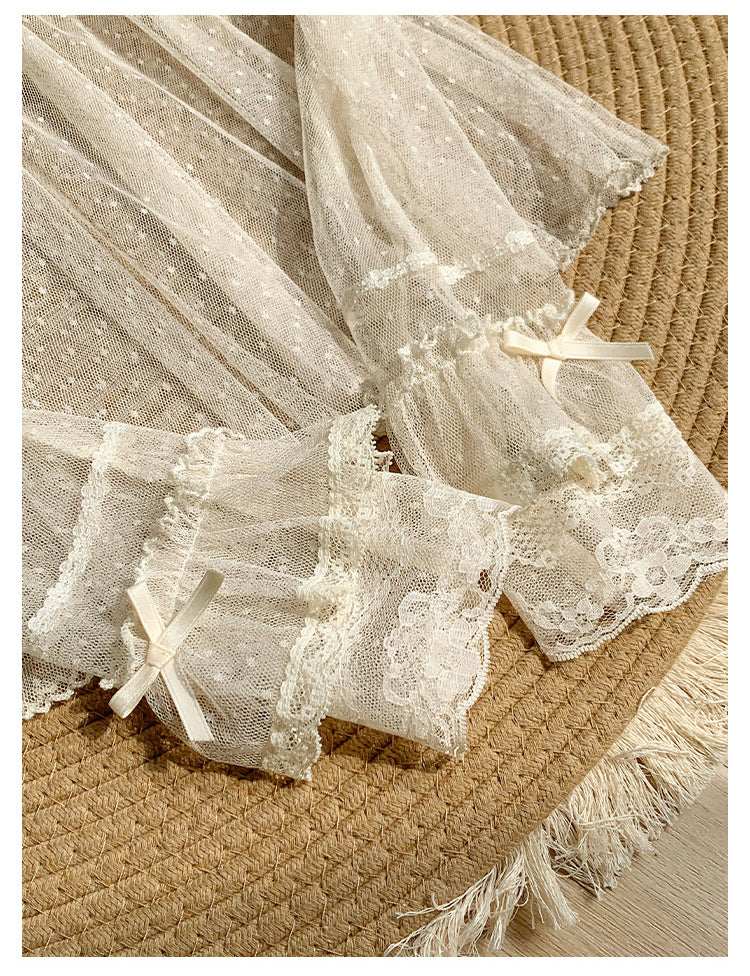 With PUJI - Letters and Poems - Summer Classic Lolita Shirt with Dotted Tulle and Long Sleeve