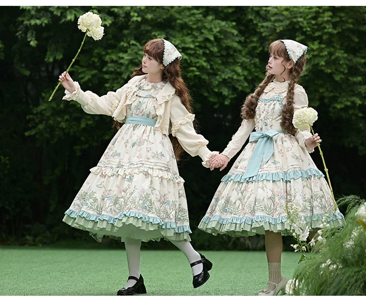 With PUJI - Oriole Time - Country Lolita JSK and OP Dress, Floral and Bird Print