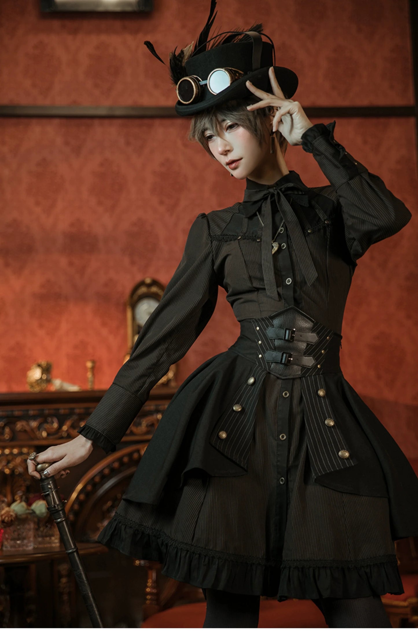 Mr. Yi's Steam Continent - Gothic Lolita Skirt Black High-Waisted Leather Waistband Skirt