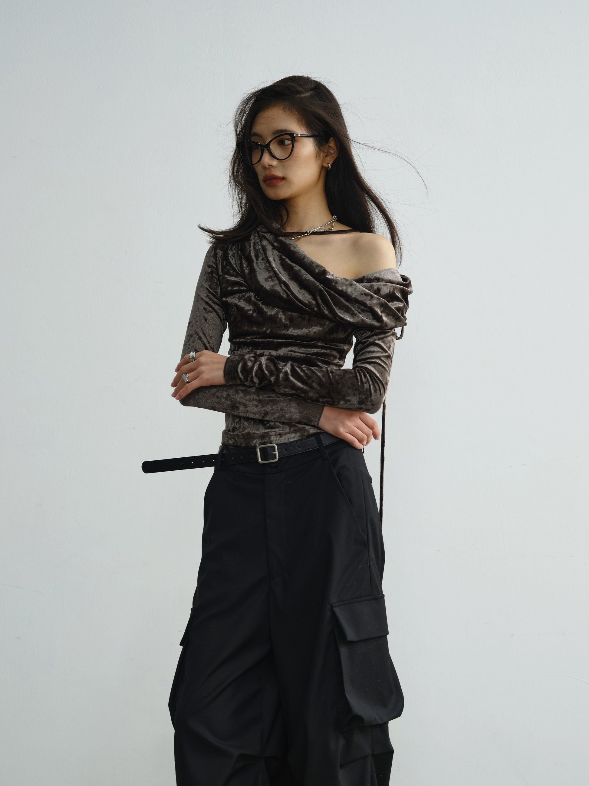 Pleated Drape Sloping Collar Velvet Shirt