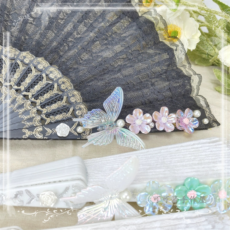 Cocoa Jam - Han Lolita Fan Decorative Folding Fan with Butterfly and Flowers Tassel