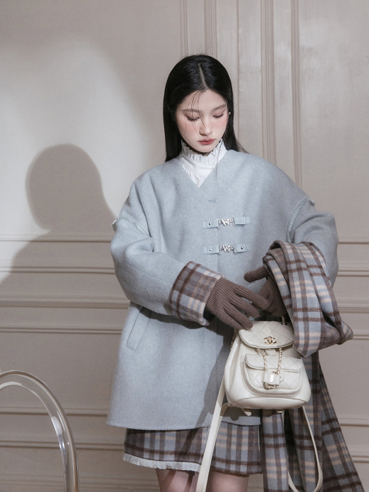 Fur edge plaid jacket + skirt【s0000005806】