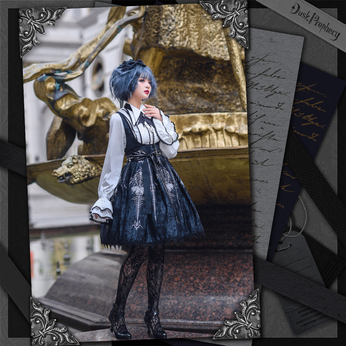 DuskProphecy - Coccyx - Elegant Lolita Dress High Waist Fishbone Print JSK Set