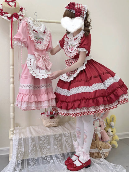 Sugar Girl - Strawberry Tea - Sweet Red Lolita OP Dress Short Sleeve Apron Dress