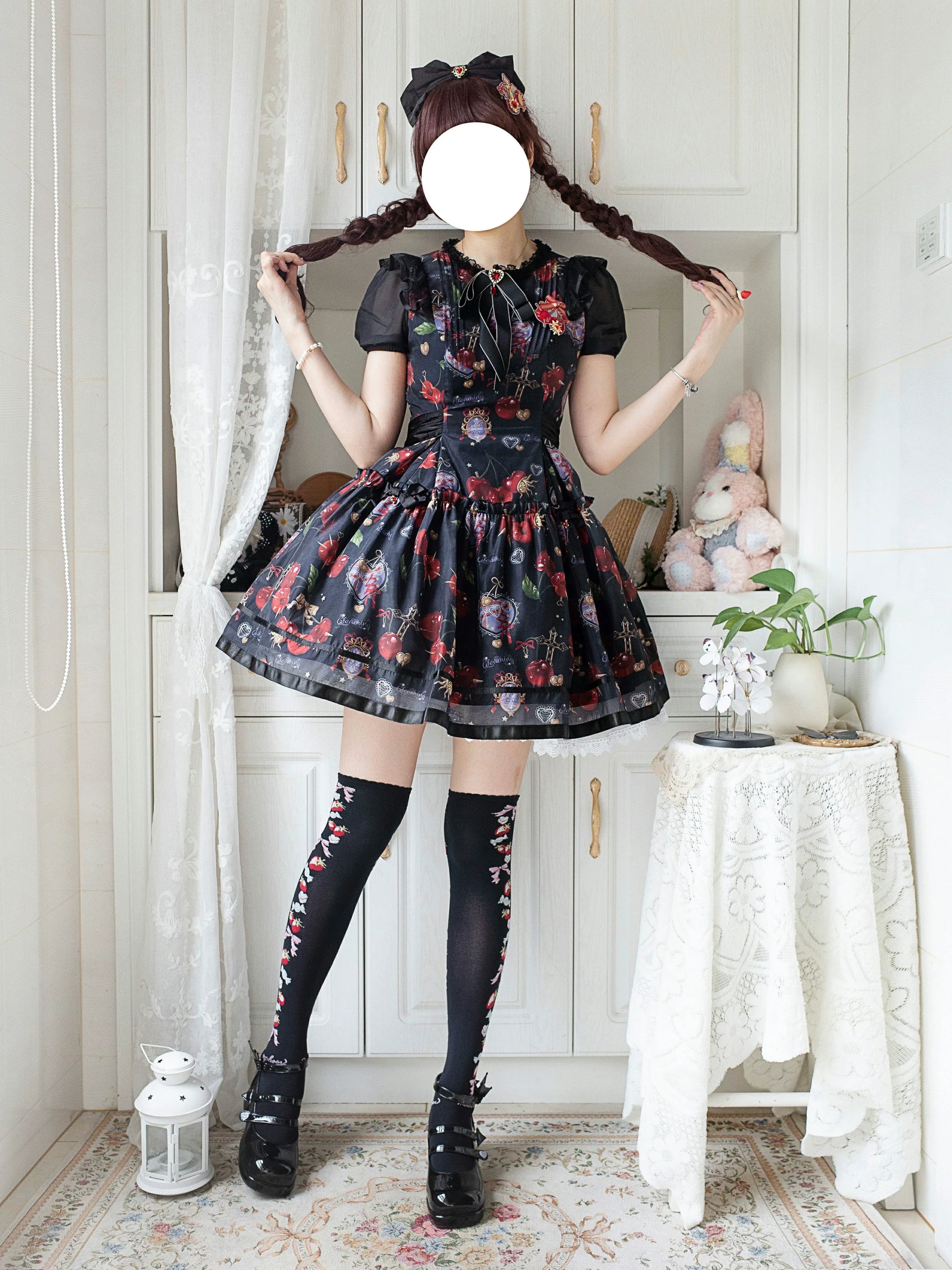 Gloaming - Sweet Lolita Cherry print Short Sleeve OP and SK Set