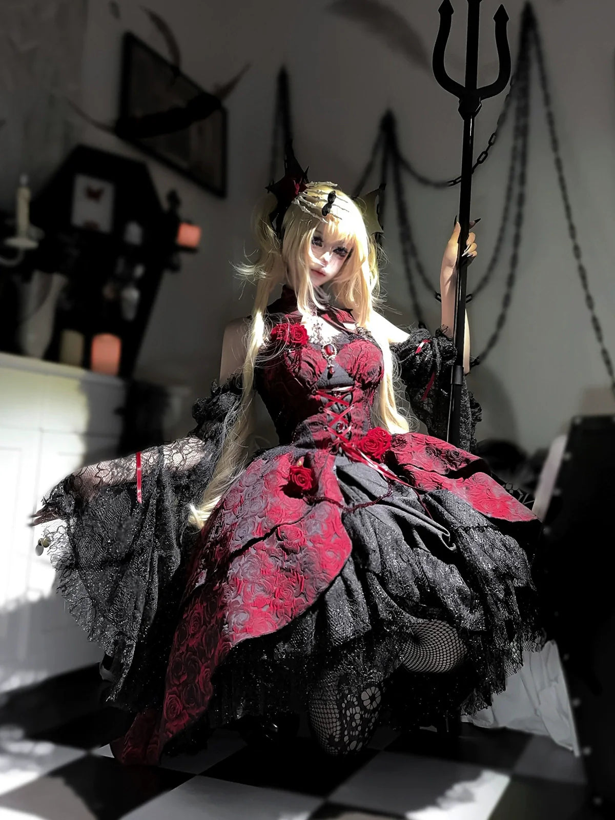 Cornfield Lolita - Rose Blood - Black Red Gothic Lolita JSK Jacquard Court Dress