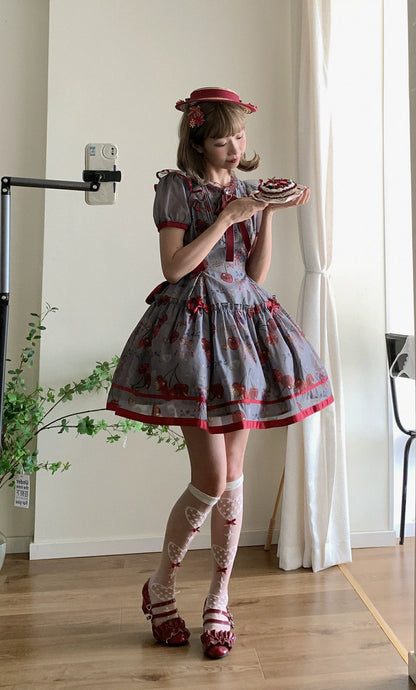 Gloaming - Sweet Lolita Cherry print Short Sleeve OP and SK Set