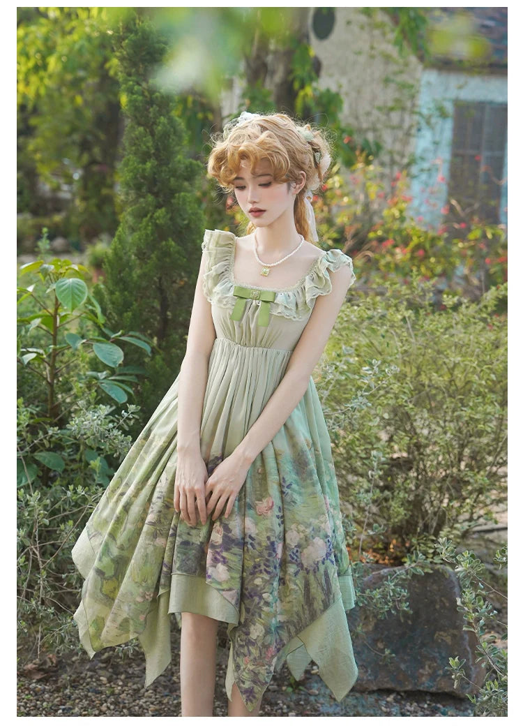 With PUJI - Blooming Rose - Chiffon Classic Lolita Dress Set Painting Styled OP & JSK
