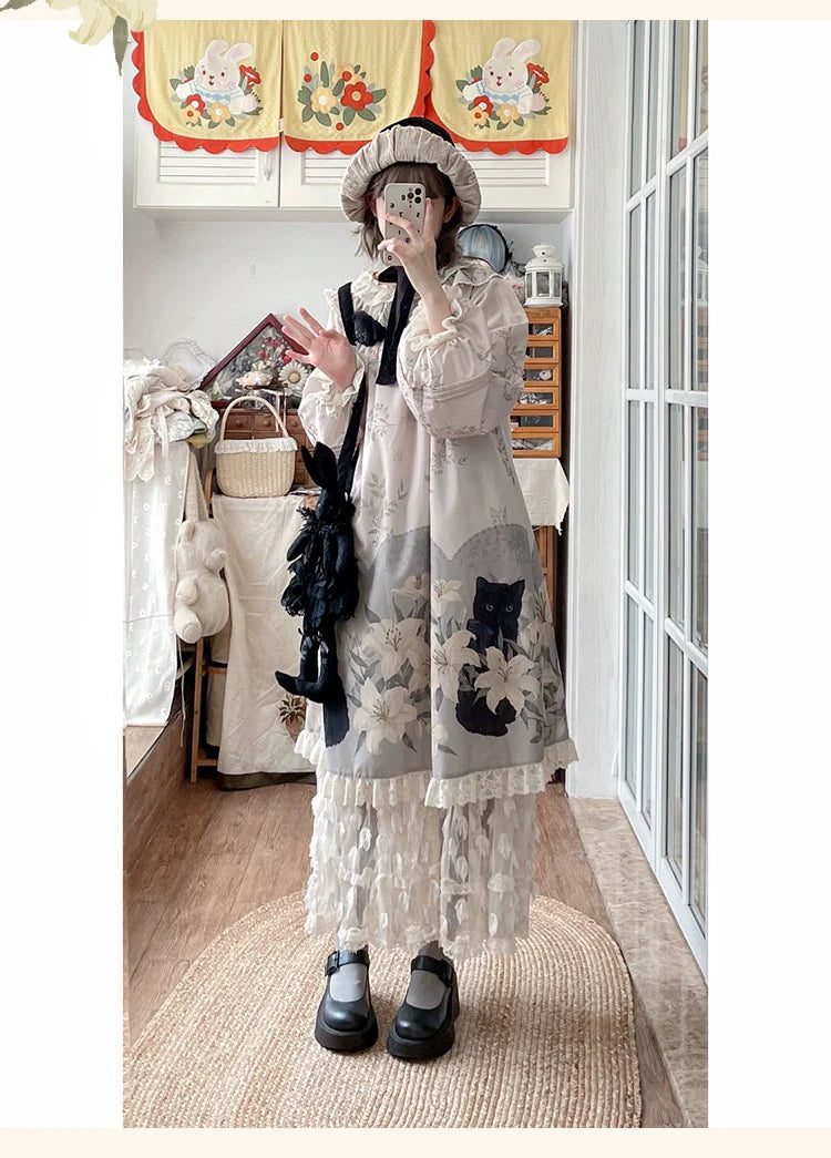 Akiyama Future Studio - Black Cat and Lily - Loose Kawaii Lolita OP Dress with Vest and Hat