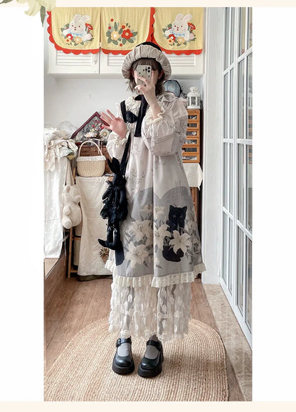 Akiyama Future Studio - Black Cat and Lily - Loose Kawaii Lolita OP Dress with Vest and Hat