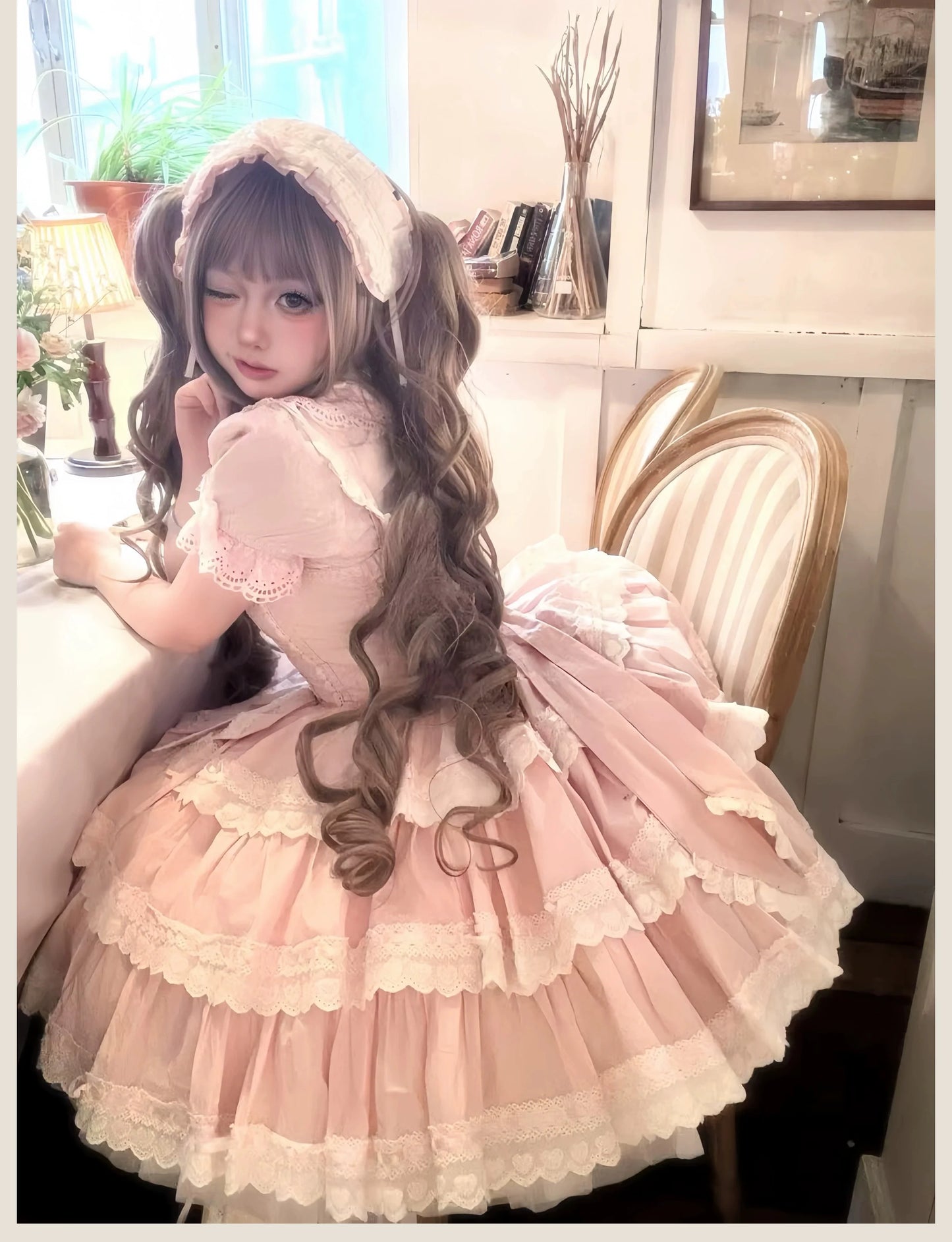 TaTaTa Lolita - Otome Heart - Cotton Old School Lolita JSK Dress Suit, Heart-Shaped Lace Trim