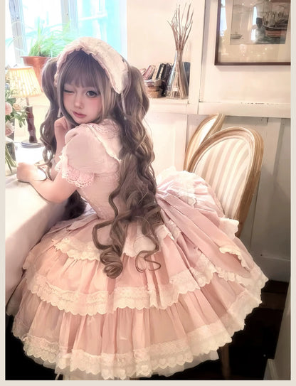 TaTaTa Lolita - Otome Heart - Cotton Old School Lolita JSK Dress Suit, Heart-Shaped Lace Trim