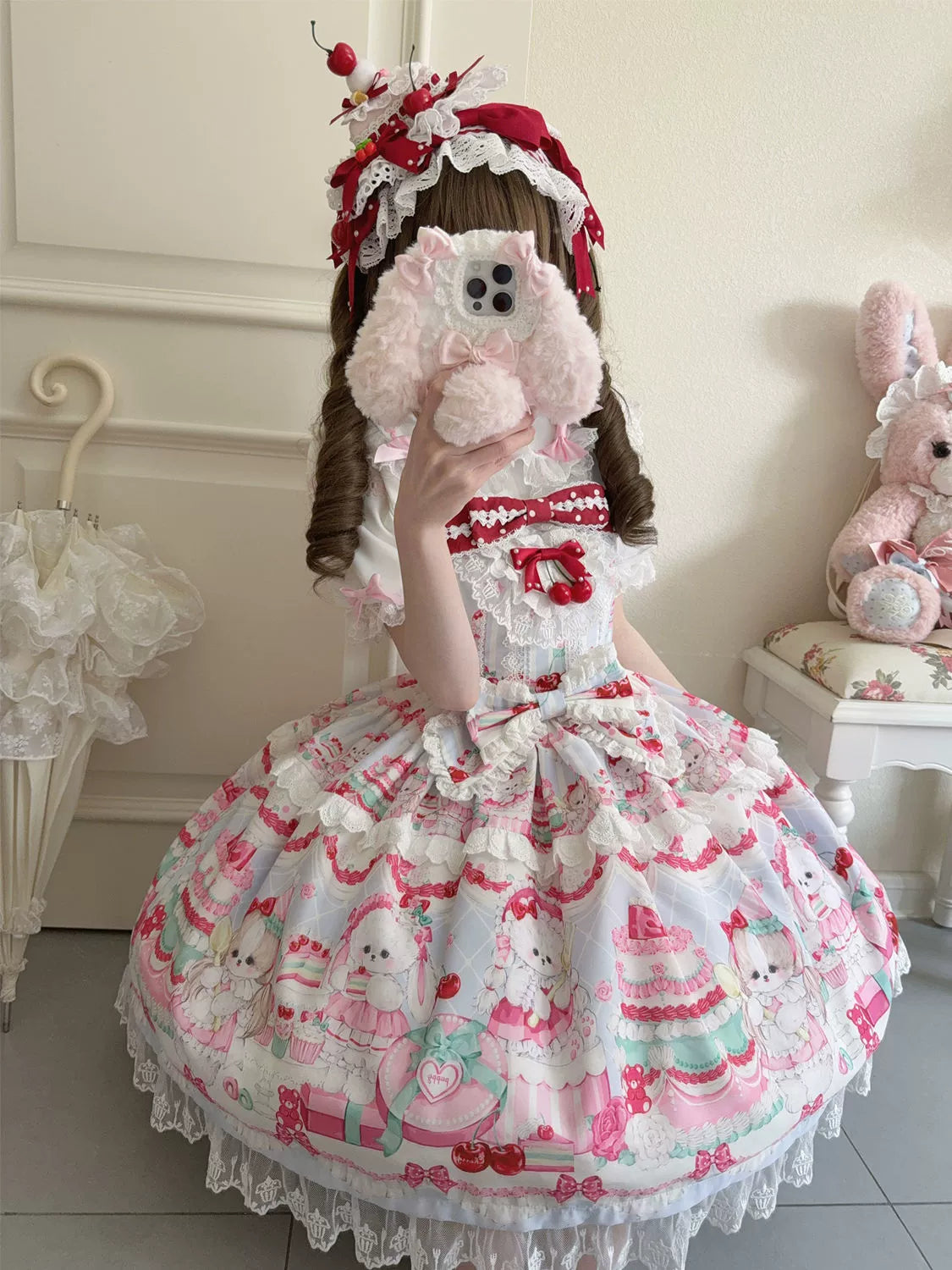 Hanguliang - Cherry Bake Song - Kawaii Lolita JSK Dress With Dessert Print & Cherry Bow