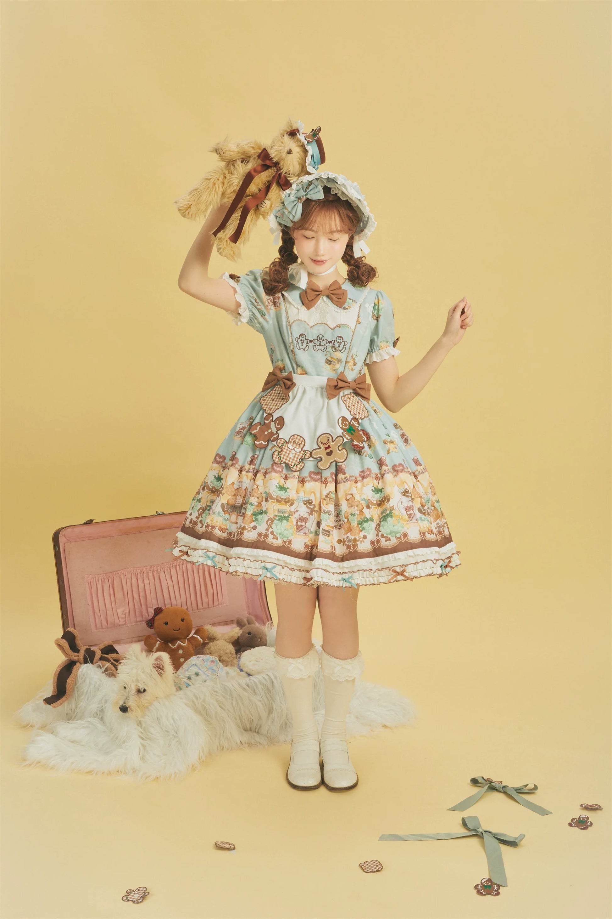 Babyblue - Little Bear Honey Jar - Kawaii Lolita Short Sleeve OP Gingerbread Man Embroidered Dress