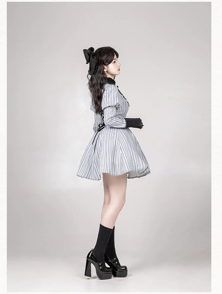 With PUJI - Nocturne SP - Striped Gothic Lolita OP Twin Lolita Dress with Apron