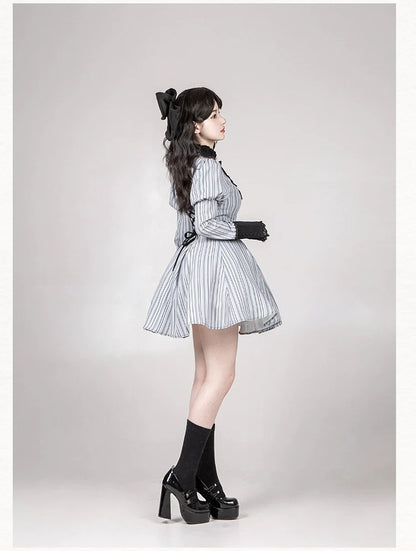 With PUJI - Nocturne SP - Striped Gothic Lolita OP Twin Lolita Dress with Apron